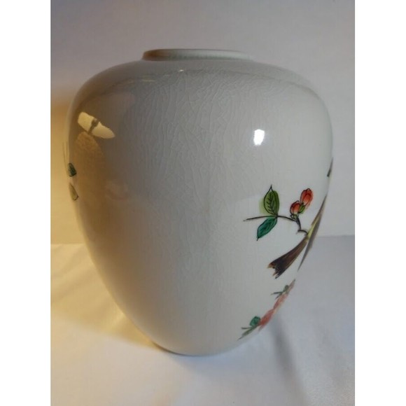 Vintage Bird Floral Vase Round Multi Color Japan Crazing Ceramic Handpainted - Picture 3 of 11
